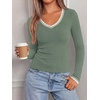 image:imageBTFBM V Neck Fall Long Sleeve Shirts for Women  Stretchy Slim Fit Basic Tees Color Block Going Out Tops Y2K Workout Vacation Outfits Underscrubs Winter Layering 2026Sage Green