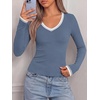 image:imageBTFBM V Neck Fall Long Sleeve Shirts for Women  Stretchy Slim Fit Basic Tees Color Block Going Out Tops Y2K Workout Vacation Outfits Underscrubs Winter Layering 2026Grey Blue
