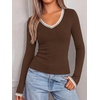 image:imageBTFBM V Neck Fall Long Sleeve Shirts for Women  Stretchy Slim Fit Basic Tees Color Block Going Out Tops Y2K Workout Vacation Outfits Underscrubs Winter Layering 2026Coffee