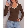 image:imageBTFBM V Neck Fall Long Sleeve Shirts for Women  Stretchy Slim Fit Basic Tees Color Block Going Out Tops Y2K Workout Vacation Outfits Underscrubs Winter Layering 2026Coffee