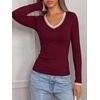 image:imageBTFBM V Neck Fall Long Sleeve Shirts for Women  Stretchy Slim Fit Basic Tees Color Block Going Out Tops Y2K Workout Vacation Outfits Underscrubs Winter Layering 2026Burgundy