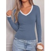 image:imageBTFBM V Neck Fall Long Sleeve Shirts for Women  Stretchy Slim Fit Basic Tees Color Block Going Out Tops Y2K Workout Vacation Outfits Underscrubs Winter Layering 2026Grey Blue
