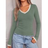 image:imageBTFBM V Neck Fall Long Sleeve Shirts for Women  Stretchy Slim Fit Basic Tees Color Block Going Out Tops Y2K Workout Vacation Outfits Underscrubs Winter Layering 2026Sage Green