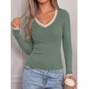 image:imageBTFBM V Neck Fall Long Sleeve Shirts for Women  Stretchy Slim Fit Basic Tees Color Block Going Out Tops Y2K Workout Vacation Outfits Underscrubs Winter Layering 2026Sage Green
