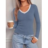 image:imageBTFBM V Neck Fall Long Sleeve Shirts for Women  Stretchy Slim Fit Basic Tees Color Block Going Out Tops Y2K Workout Vacation Outfits Underscrubs Winter Layering 2026Grey Blue