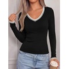 image:imageBTFBM V Neck Fall Long Sleeve Shirts for Women  Stretchy Slim Fit Basic Tees Color Block Going Out Tops Y2K Workout Vacation Outfits Underscrubs Winter Layering 2026Black