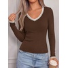 image:imageBTFBM V Neck Fall Long Sleeve Shirts for Women  Stretchy Slim Fit Basic Tees Color Block Going Out Tops Y2K Workout Vacation Outfits Underscrubs Winter Layering 2026Coffee