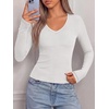 image:imageBTFBM V Neck Fall Long Sleeve Shirts for Women  Stretchy Slim Fit Basic Tees Color Block Going Out Tops Y2K Workout Vacation Outfits Underscrubs Winter Layering 2026White