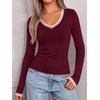 image:imageBTFBM V Neck Fall Long Sleeve Shirts for Women  Stretchy Slim Fit Basic Tees Color Block Going Out Tops Y2K Workout Vacation Outfits Underscrubs Winter Layering 2026Burgundy