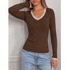 image:imageBTFBM V Neck Fall Long Sleeve Shirts for Women  Stretchy Slim Fit Basic Tees Color Block Going Out Tops Y2K Workout Vacation Outfits Underscrubs Winter Layering 2026Coffee