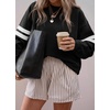 image:imageBTFBM Varsity Striped Sweatshirt Womens Long Sleeve Tops  Casual Oversized Crewneck Drop Shoulder Fleece Lined Knit SweatshirtsRetro SportyWorkSchoolHoliday2026 Fall WinterBlack