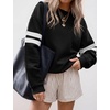 image:imageBTFBM Varsity Striped Sweatshirt Womens Long Sleeve Tops  Casual Oversized Crewneck Drop Shoulder Fleece Lined Knit SweatshirtsRetro SportyWorkSchoolHoliday2026 Fall WinterBlack