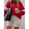 image:imageBTFBM Varsity Striped Sweatshirt Womens Long Sleeve Tops  Casual Oversized Crewneck Drop Shoulder Fleece Lined Knit SweatshirtsRetro SportyWorkSchoolHoliday2026 Fall WinterRed