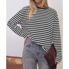 image:imageBTFBM Womens Long Sleeve Tops 2026 Fall Fashion  Lightweight Crew Neck Oversized Striped Shirt Women Y2k Clothes Vacation Travel Outfits Going Out Top Winter LayeringWhite Black
