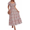 image:imageBTFBM Summer Dress for Women 2026 Spring Floral Short Sleeve Casual Flowy ALine Smocked Tiered Maxi Dresses PocketsFloral Beige Multicolor