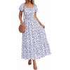 image:imageBTFBM Summer Dress for Women 2026 Spring Floral Short Sleeve Casual Flowy ALine Smocked Tiered Maxi Dresses PocketsFloral White Blue