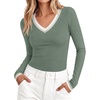 image:imageBTFBM V Neck Fall Long Sleeve Shirts for Women  Stretchy Slim Fit Basic Tees Color Block Going Out Tops Y2K Workout Vacation Outfits Underscrubs Winter Layering 2026Sage Green
