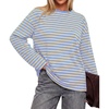 image:imageBTFBM Womens Long Sleeve Tops 2026 Fall Fashion  Lightweight Crew Neck Oversized Striped Shirt Women Y2k Clothes Vacation Travel Outfits Going Out Top Winter LayeringLight Blue Apricot