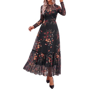 image:imageBTFBM Boho Mesh Long Sleeve Dress for Women  Mock Neck Floral A Line Tiered Baby Shower Graduation Wedding Cocktail Maxi Dresses 2026 Fall Fashion Resort WearFloral Black Yellow