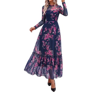 image:imageBTFBM Boho Mesh Long Sleeve Dress for Women  Mock Neck Floral A Line Tiered Baby Shower Graduation Wedding Cocktail Maxi Dresses 2026 Fall Fashion Resort WearFloral Navy Pink