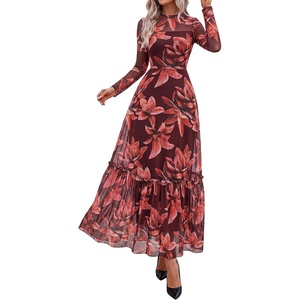 image:imageBTFBM Boho Mesh Long Sleeve Dress for Women  Mock Neck Floral A Line Tiered Baby Shower Graduation Wedding Cocktail Maxi Dresses 2026 Fall Fashion Resort WearFloral Red Brown