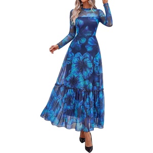 image:imageBTFBM Boho Mesh Long Sleeve Dress for Women  Mock Neck Floral A Line Tiered Baby Shower Graduation Wedding Cocktail Maxi Dresses 2026 Fall Fashion Resort WearFloral Navy Green