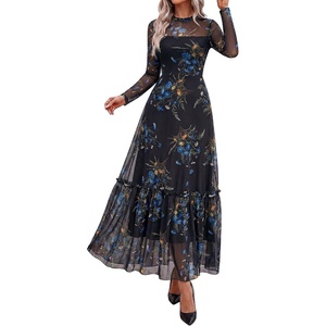 image:imageBTFBM Boho Mesh Long Sleeve Dress for Women  Mock Neck Floral A Line Tiered Baby Shower Graduation Wedding Cocktail Maxi Dresses 2026 Fall Fashion Resort WearFloral Black Blue