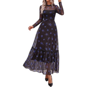 image:imageBTFBM Boho Mesh Long Sleeve Dress for Women  Mock Neck Floral A Line Tiered Baby Shower Graduation Wedding Cocktail Maxi Dresses 2026 Fall Fashion Resort WearFloral Black Royal Blue