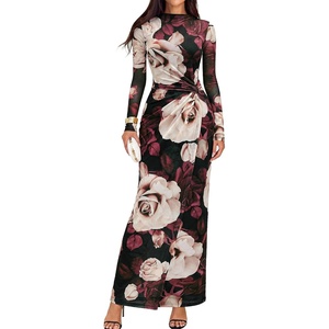 image:imageBTFBM Cocktail Dresses for Women Fall Fashion 2026  Mock Neck Floral Sheer Mesh Long Sleeve Ruched Twist Knot Slit GraduationBaby Shower Maxi Formal Wedding Guest DressFloral Black Apricot