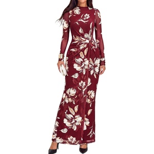 image:imageBTFBM Cocktail Dresses for Women Fall Fashion 2026  Mock Neck Floral Sheer Mesh Long Sleeve Ruched Twist Knot Slit GraduationBaby Shower Maxi Formal Wedding Guest DressFloral Burgundy White