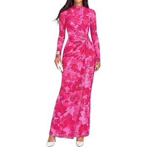 image:imageBTFBM Cocktail Dresses for Women Fall Fashion 2026  Mock Neck Floral Sheer Mesh Long Sleeve Ruched Twist Knot Slit GraduationBaby Shower Maxi Formal Wedding Guest DressFloral Rose Red