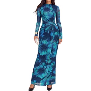 image:imageBTFBM Cocktail Dresses for Women Fall Fashion 2026  Mock Neck Floral Sheer Mesh Long Sleeve Ruched Twist Knot Slit GraduationBaby Shower Maxi Formal Wedding Guest DressFloral Blue Green