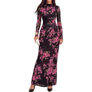 image:imageBTFBM Cocktail Dresses for Women Fall Fashion 2026  Mock Neck Floral Sheer Mesh Long Sleeve Ruched Twist Knot Slit GraduationBaby Shower Maxi Formal Wedding Guest DressFloral Black Pink