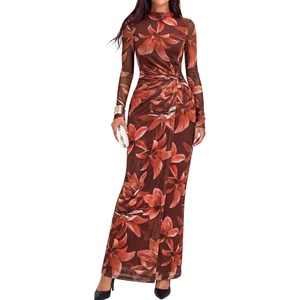 image:imageBTFBM Cocktail Dresses for Women Fall Fashion 2026  Mock Neck Floral Sheer Mesh Long Sleeve Ruched Twist Knot Slit GraduationBaby Shower Maxi Formal Wedding Guest DressFloral Red Brown