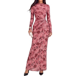 image:imageBTFBM Cocktail Dresses for Women Fall Fashion 2026  Mock Neck Floral Sheer Mesh Long Sleeve Ruched Twist Knot Slit GraduationBaby Shower Maxi Formal Wedding Guest DressFloral Pink Red
