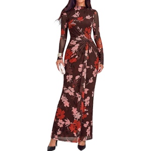 image:imageBTFBM Cocktail Dresses for Women Fall Fashion 2026  Mock Neck Floral Sheer Mesh Long Sleeve Ruched Twist Knot Slit GraduationBaby Shower Maxi Formal Wedding Guest DressFloral Brown