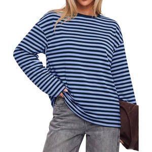 image:imageBTFBM Womens Long Sleeve Tops 2026 Fall Fashion  Lightweight Crew Neck Oversized Striped Shirt Women Y2k Clothes Vacation Travel Outfits Going Out Top Winter LayeringLight Blue Navy