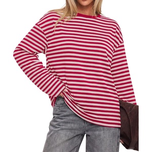 image:imageBTFBM Womens Long Sleeve Tops 2026 Fall Fashion  Lightweight Crew Neck Oversized Striped Shirt Women Y2k Clothes Vacation Travel Outfits Going Out Top Winter LayeringRed White