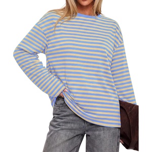 image:imageBTFBM Womens Long Sleeve Tops 2026 Fall Fashion  Lightweight Crew Neck Oversized Striped Shirt Women Y2k Clothes Vacation Travel Outfits Going Out Top Winter LayeringLight Blue Apricot