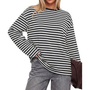 image:imageBTFBM Womens Long Sleeve Tops 2026 Fall Fashion  Lightweight Crew Neck Oversized Striped Shirt Women Y2k Clothes Vacation Travel Outfits Going Out Top Winter LayeringWhite Black