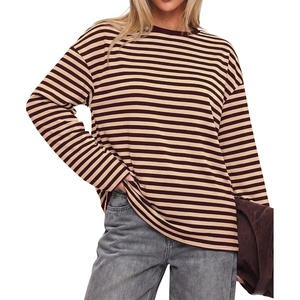 image:imageBTFBM Womens Long Sleeve Tops 2026 Fall Fashion  Lightweight Crew Neck Oversized Striped Shirt Women Y2k Clothes Vacation Travel Outfits Going Out Top Winter LayeringBrown Apricot