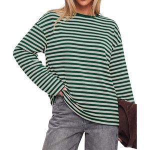 image:imageBTFBM Womens Long Sleeve Tops 2026 Fall Fashion  Lightweight Crew Neck Oversized Striped Shirt Women Y2k Clothes Vacation Travel Outfits Going Out Top Winter LayeringGreen White
