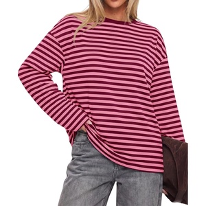 image:imageBTFBM Womens Long Sleeve Tops 2026 Fall Fashion  Lightweight Crew Neck Oversized Striped Shirt Women Y2k Clothes Vacation Travel Outfits Going Out Top Winter LayeringPink Burgundy