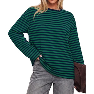 image:imageBTFBM Womens Long Sleeve Tops 2026 Fall Fashion  Lightweight Crew Neck Oversized Striped Shirt Women Y2k Clothes Vacation Travel Outfits Going Out Top Winter LayeringNavy Dark Green