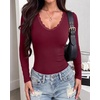 image:imageBTFBM Lace Deep V Neck Fitted Long Sleeve Shirts for Women  Womens Fall Fashion 2026 Casual T Shirt Base Layer Basic Undershirts Slim Fit Going Out Tops Date Night Out OutfitsBurgundy