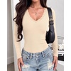 image:imageBTFBM Lace Deep V Neck Fitted Long Sleeve Shirts for Women  Womens Fall Fashion 2026 Casual T Shirt Base Layer Basic Undershirts Slim Fit Going Out Tops Date Night Out OutfitsBeige