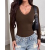 image:imageBTFBM Lace Deep V Neck Fitted Long Sleeve Shirts for Women  Womens Fall Fashion 2026 Casual T Shirt Base Layer Basic Undershirts Slim Fit Going Out Tops Date Night Out OutfitsBrown