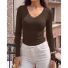 image:imageBTFBM Lace Deep V Neck Fitted Long Sleeve Shirts for Women  Womens Fall Fashion 2026 Casual T Shirt Base Layer Basic Undershirts Slim Fit Going Out Tops Date Night Out OutfitsBrown
