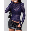 image:imageBTFBM Lace Long Sleeve Tops for Women Sexy Mesh Sheer Shirt  See Through Top Crew Neck Knit Slim Fitted Tight ShirtsCocktail Party Club Outfits2026 Fall WinterDark Blue