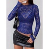 image:imageBTFBM Lace Long Sleeve Tops for Women Sexy Mesh Sheer Shirt  See Through Top Crew Neck Knit Slim Fitted Tight ShirtsCocktail Party Club Outfits2026 Fall WinterBlue